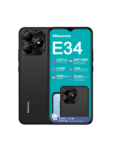Hisense Mobile Phone E34 4G Dual Sim 64GB - Black , 6.52-inch IPS TFT screen , Resolution: 1600 x 720 pixels , USB Type-C port , Android 14