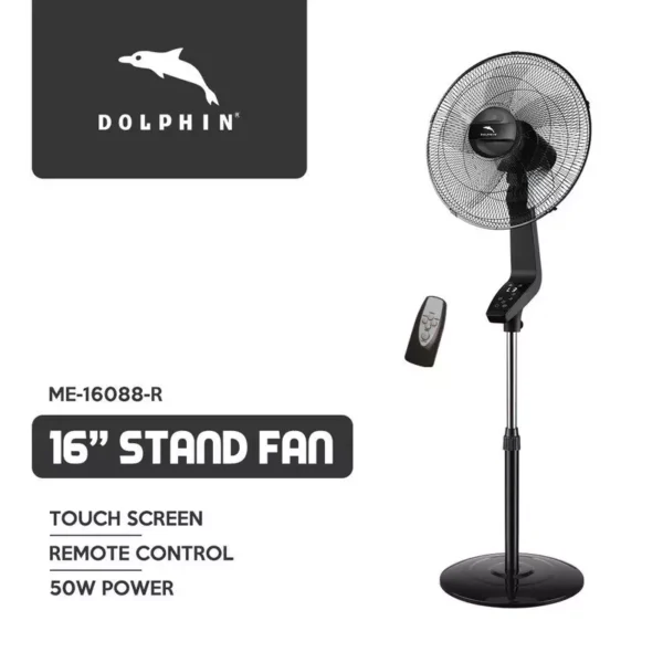 Dolphin Stand Fan - 16", 50W with Timer & Speed Settings, Plastic Blades, Remote Control and Touch Screen, ME-16088. - Image 2
