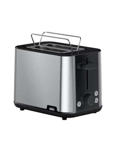Braun Toaster 900W PurShine with 2 Slots, 8 Toast Levels, Pull Out Tray, Bread Lifter, Bun Warmer, Stainless Steel HT101BI-HT1510BK