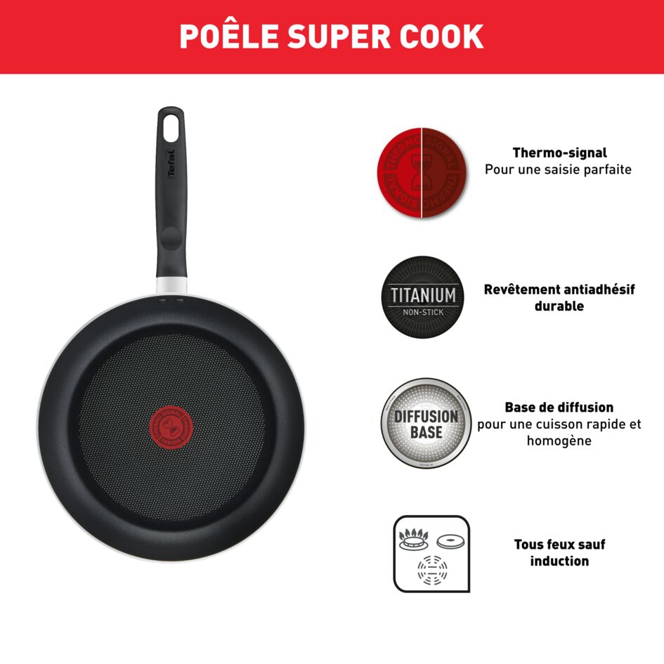 Tefal Super Cook Frypan 30cm Non Stick Thermo Signal 100% Safe Frying Pan Black Aluminium B4590784 - Image 3