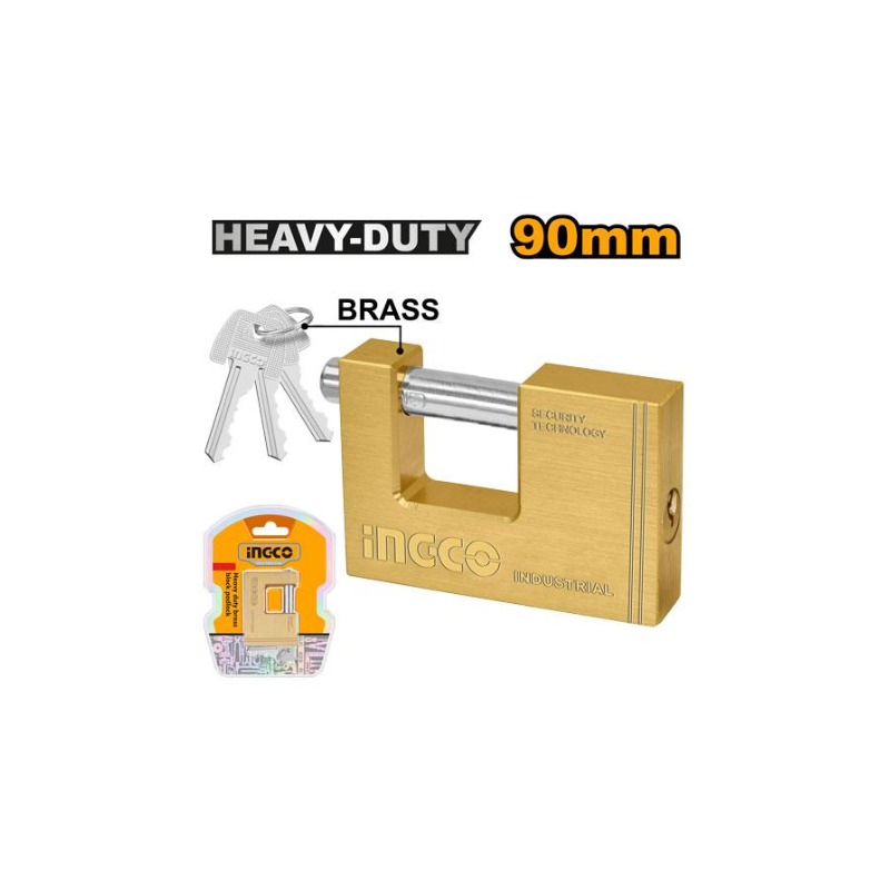 Ingco Heavy Duty Brass Block Padlock 90mm with 3pcs Brass Keys DBBPL0902 - Image 2