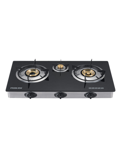 Nikai Gas Cooker 3 Burner Glass Triple Gas Burner 3 Burner Glass Top 7 MM Tempered Glass Panel Auto Ignition System Whirlwind Flame Brass Burner Cap NG333G