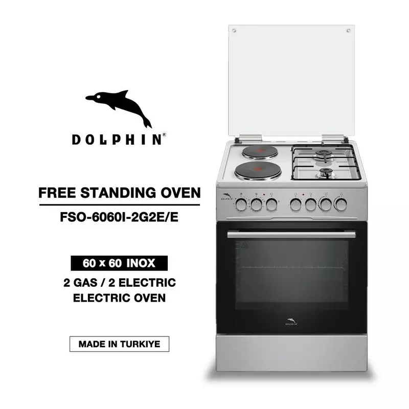 Dolphin Free Standing Cooking Range 60x60, 2 Gas Burners, 2 Electric Hot Plate & Electric Oven, Inox FS06060I-2G2E/E - Image 2