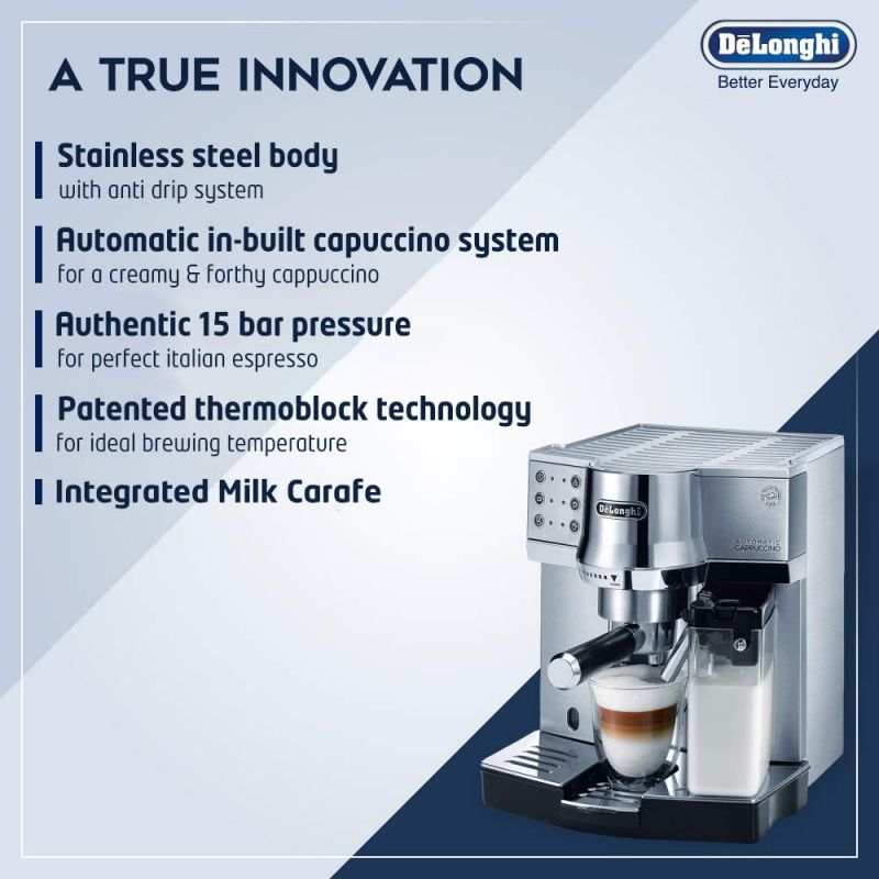 De'Longhi Expresso Maker Pump Driven & Cappuccino Machine 1450W (Metallic) Latte Macchiato Hot Milk Removable Drip Tray EC850.M - Image 10