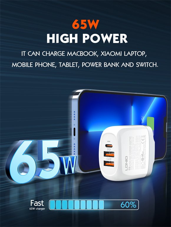 LDNIO Super Fast Charging 65W With 3 Port 1PD+2QC3.0, Replaceable Plug Charger With Type-C-Lightning Cable, A3511Q - Image 5