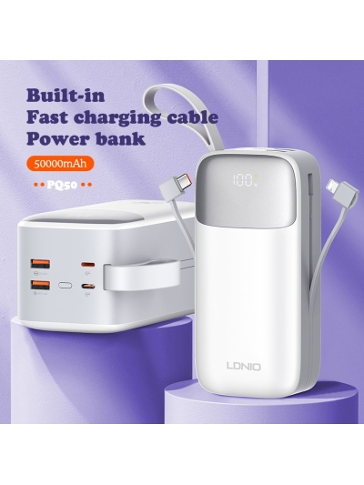Ldnio Power Bank Fast Charging 20W, Built In USB-C/Lightning Cables, 50000mAh Supper Big Capacity, High Quality Battery QC 3.0 PQ50