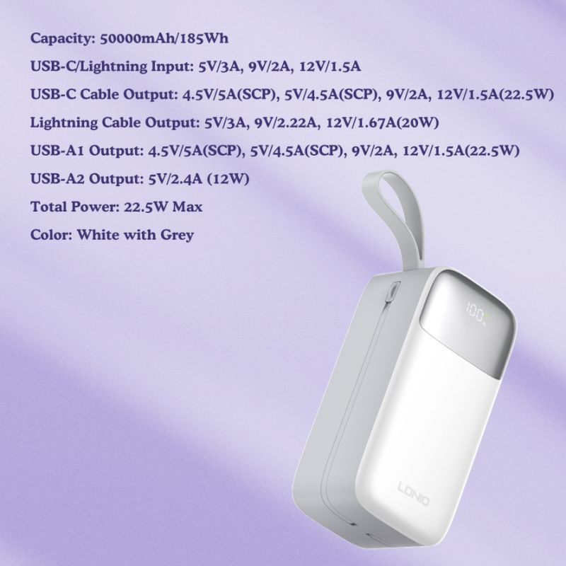 Ldnio Power Bank Fast Charging 20W, Built In USB-C/Lightning Cables, 50000mAh Supper Big Capacity, High Quality Battery QC 3.0 PQ50 - Image 6