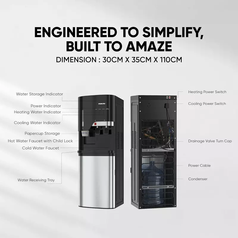 Nikai Water Dispenser 2 Taps Bottom Load with Cup Holder NWD5000BSS 2 Taps Hot And Cold Compressor Cooling Steel Tank Anti Bacterial Design - Image 2