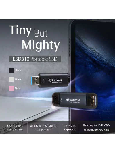 Transcend 512GB Portable External SSD - USB 3.2 Gen 2, Up to 1050 MB/s Transfer Speeds, Compatible with iPhone, iPad, Android, and Car Audio Systems, Includes 2-in-1 Type-C and Type-A Cables, Black, TS512GESD310C.