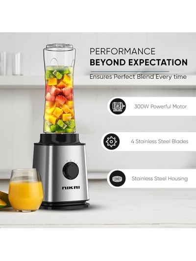 Nikai Blender Smoothie Maker with 600ml Tritan Bottle and 400ML Tritan Bottle 300W NB202ST 4 Stainless Steel Blades And Housing Tritan Drinking Bottle With Lid 2 Speed With Pulse