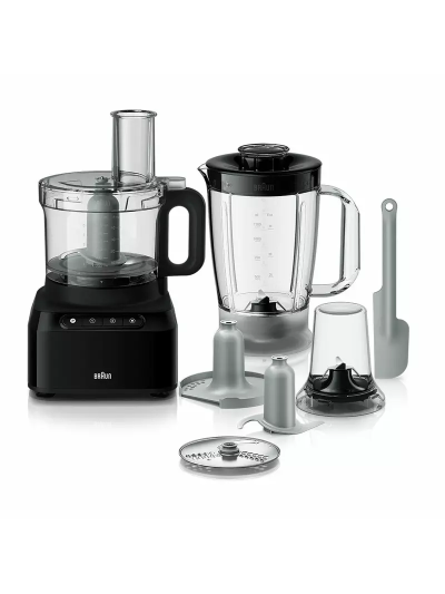 Braun Food Processor 7 Attachment , 800W, 2 Speeds, Pulse Function, 1.2L Capacity, Blender & Bowl 2L , Slicing and Grating disc, Dough, Ice Crusher Blade, FP301AI-FP3132BK