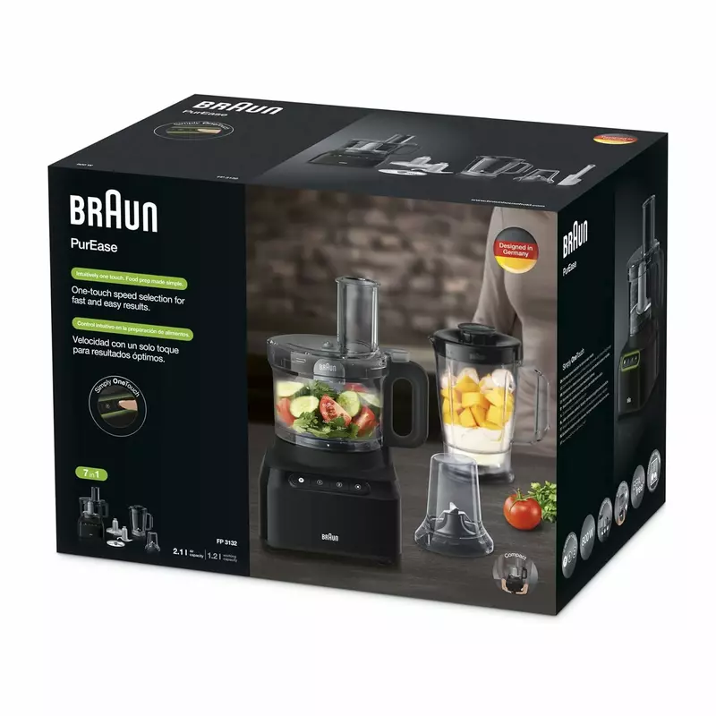 Braun Food Processor 7 Attachment , 800W, 2 Speeds, Pulse Function, 1.2L Capacity, Blender & Bowl 2L , Slicing and Grating disc, Dough, Ice Crusher Blade, FP301AI-FP3132BK - Image 3