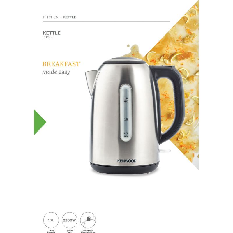 Kenwood Stainless Steel Kettle 1.7L Cordless Electric Kettle 2200W with Auto Shut-Off & Removable Mesh Filter ZJM01.AOBK