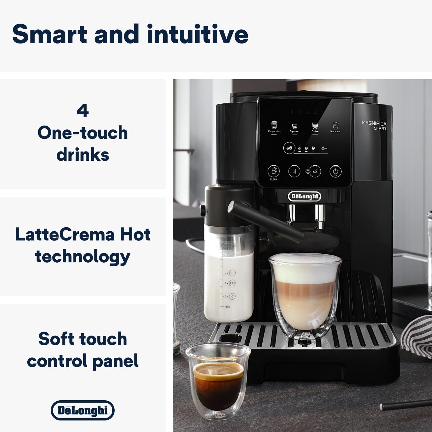 De'Longhi Magnifica Start Fully Automatic Bean to Cup Coffee Machine with 4 One-Touch Recipes, Soft-Touch Control Panel, Auto Milk, 1450W, Black ECAM220.60.B - Image 2