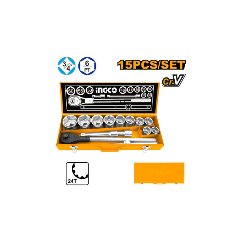 Ingco 15pcs 3/4" Socket Set with Cr-V Material, Heat Treated, Chromed Plated HKTS034151 - Image 2
