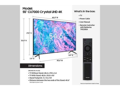 Samsung 55" Crystal UHD 4K Smart TV Class CU7000 Series with PurColor, Motion Xcelerator, 4K Upscaling, HDR, Gaming Hub 55CU7000