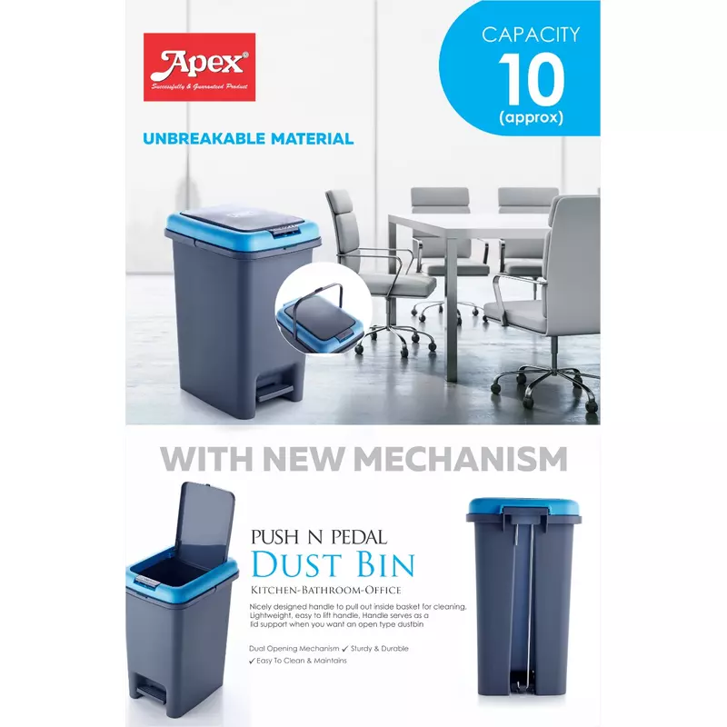 Apex Push and Pedal Dustbin 10l Capacity Plastic Lightweight Unbreakable 450452 - Image 4