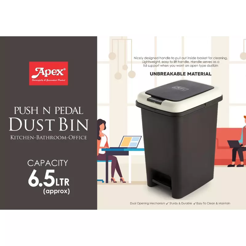 Apex Push and Pedal Dustbin 6.5l Capacity Plastic Lightweight Unbreakable 450445 - Image 5