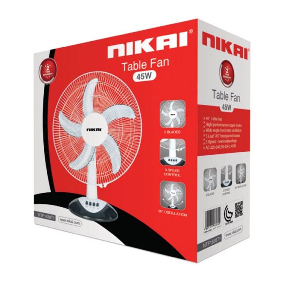 Nikai Table Fan 16" 41W High Performance Copper Motor Wide Angle Horizontal Oscillation 5 Leaf “AS” Transparent Blades NTF1638T1 - Image 2