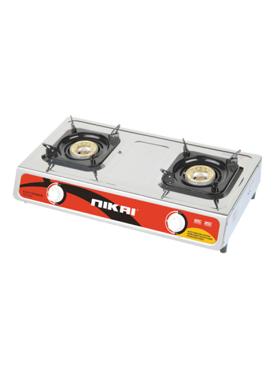 Nikai Gas Cooker 2 Burner Double Gas Burner with Auto Ignition System Blue Flame with High Efficiency Stainless Steel Body Full Safety Features NG842