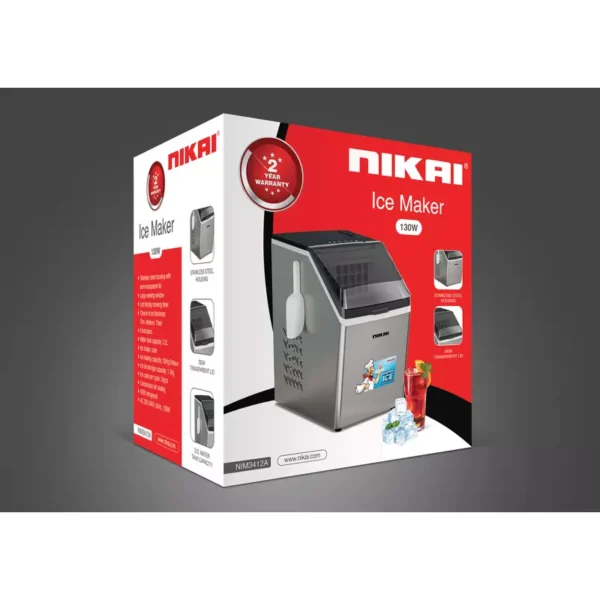 Nikai Ice Maker 3.2L Tank 24 Ice Cubes Per Cycle 1.3Kg Ice Bin Storage 130W NIM3412A Stainless Steel Housing With Semi Transparent Lid Large Viewing Window Led Display Showing Timer - Image 2