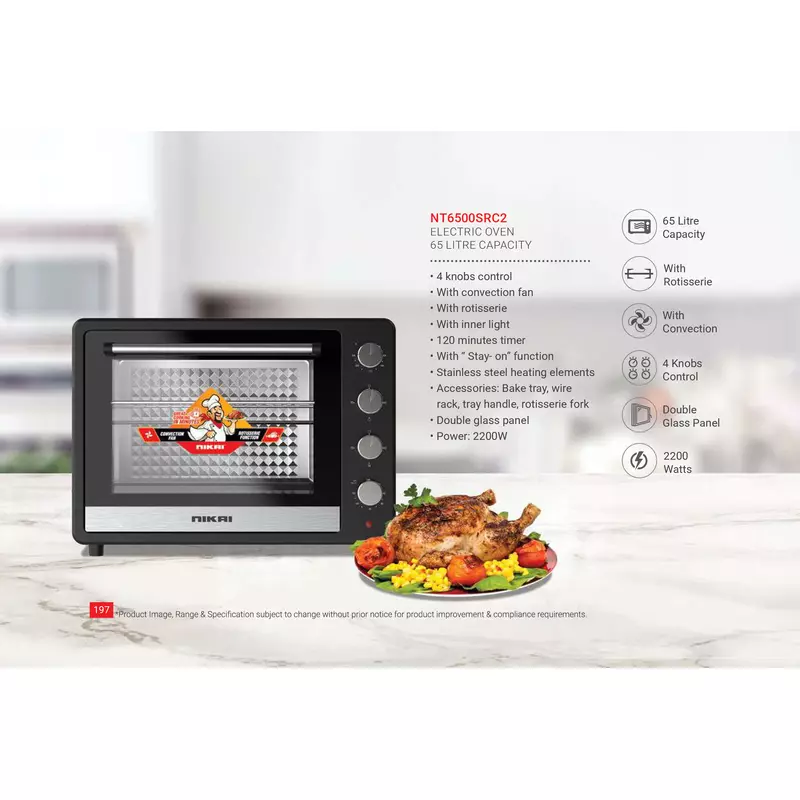 Nikai Oven Electric 65l with Rosting Fuction 4 Knobs Control 2200w NT6500SRC2 120 Mins Timer Convection Function Stainless Steel Heating Elements Inner Light Double Glass Panel - Image 6