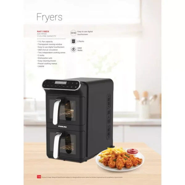 Nikai Airfryer 11L Digital Double Decker 2460W NAF1188DX Digital Touch Screen Transparent Viewing Window Preset Cooking Menus - Image 2