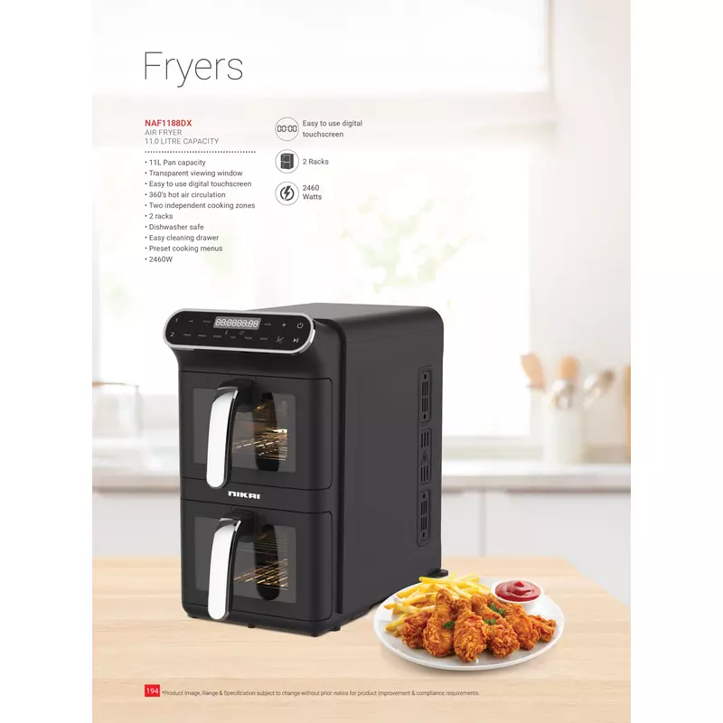 Nikai Airfryer 11L Digital Double Decker 2460W NAF1188DX Digital Touch Screen Transparent Viewing Window Preset Cooking Menus - Image 2