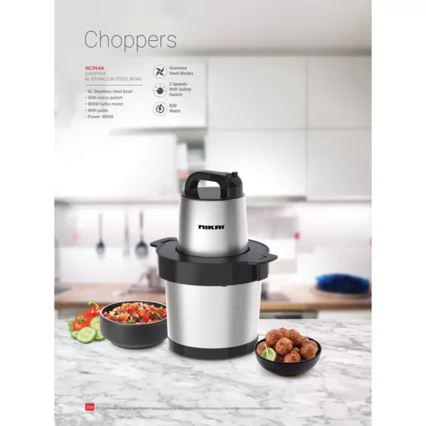 Nikai Chopper 6L Steel Bowl 800W NC994A Stainless Steel Blades 2 Speed With Pulse And Safety Switch - Image 2