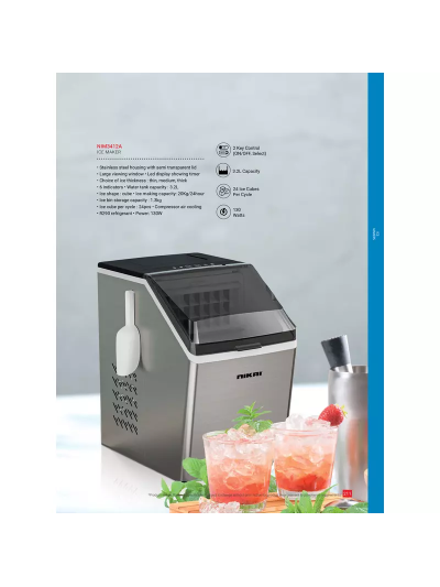 Nikai Ice Maker 3.2L Tank 24 Ice Cubes Per Cycle 1.3Kg Ice Bin Storage 130W NIM3412A Stainless Steel Housing With Semi Transparent Lid Large Viewing Window Led Display Showing Timer