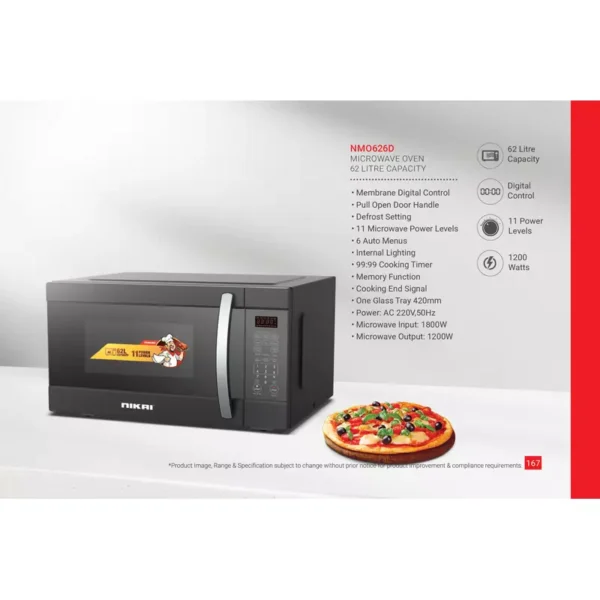 Nikai Microwave 62L Digital 11 Power Levels 1200W NMO626D Defrost Settings 99:99 Cooking Timer Microwave Input 1800W, Microwave Output 1200W Power Ac 220V,50Hz Pull Open Door Handle - Image 2