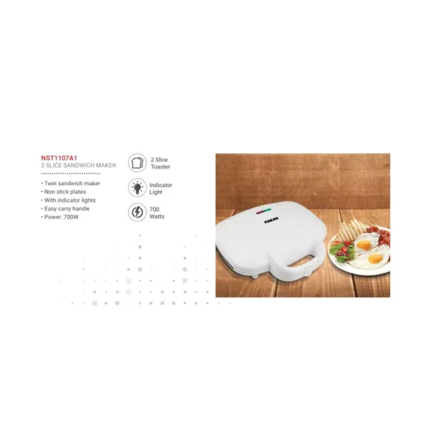 Nikai Sandwich Toaster 2 Slice Easy Carry Handle 700w NST1107A1 Non Stick Plates Twin Sandwich Maker With Indicator Lights Easy Carry Handle - Image 3
