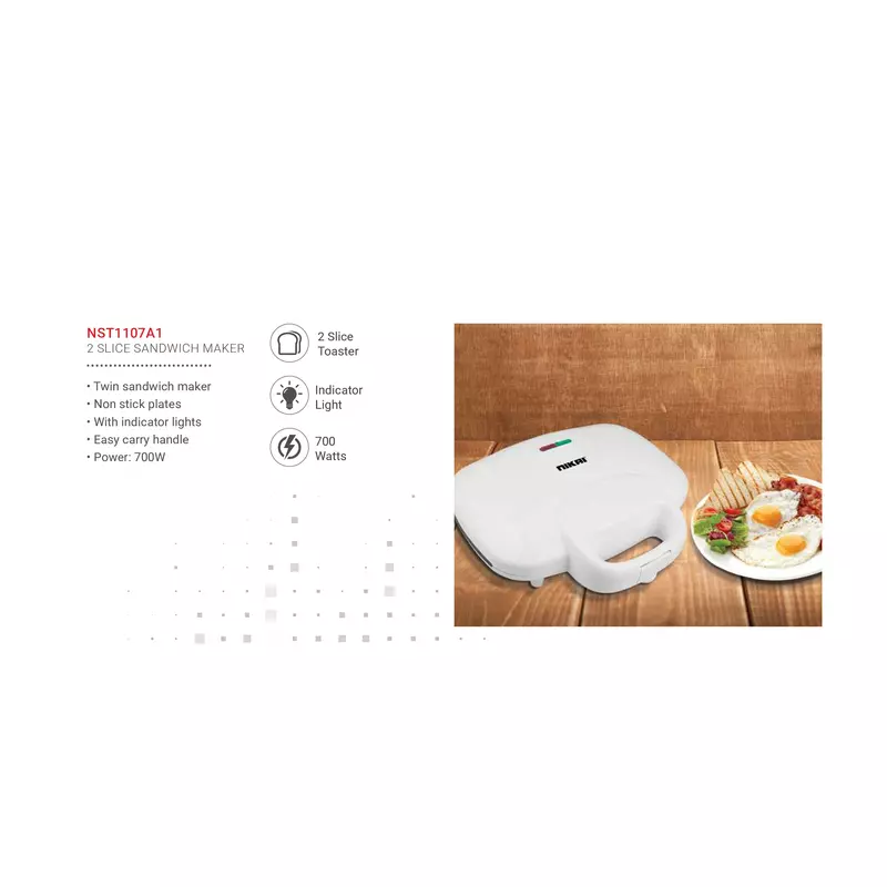 Nikai Sandwich Toaster 2 Slice Easy Carry Handle 700w NST1107A1 Non Stick Plates Twin Sandwich Maker With Indicator Lights Easy Carry Handle - Image 3