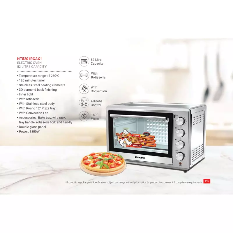 Nikai Oven Electric 52L With Rosting Function 4 Knobs Control 1800W NT5201RCAX1 120 Mins Timer Stainless Steel Heating Elements Inner Light Convection Fan Double Glass Panel - Image 2