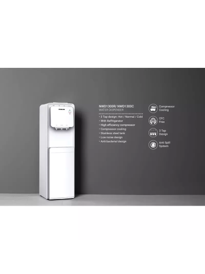 Nikai Water Dispenser 3 Taps Top Load With Refrigerator NWD1300R 3 Taps Hot Normal And Cold Compressor Cooling Steel Tank Anti Bacterial Design