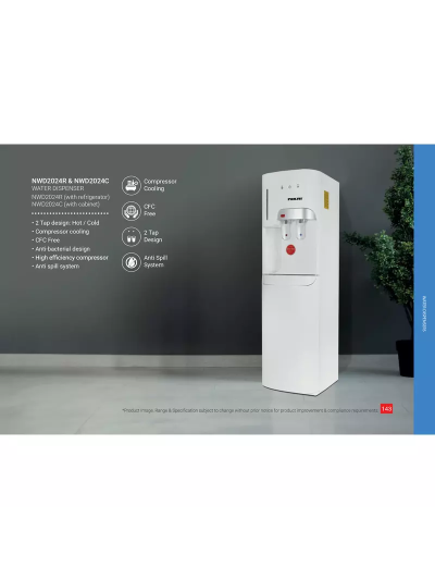 Nikai Water Dispenser 2 Taps Top Load With Cabinet NWD2024C 2 Taps Hot And Cold Compressor Cooling Anti Spill System Anti Bacterial Design