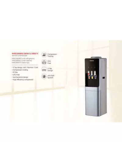 Nikai Water Dispenser 3 Taps Top Load With Refrigerator NWD2808RS 3 Taps Hot Normal And Cold Compressor Cooling Steel Tank Anti Bacterial Design