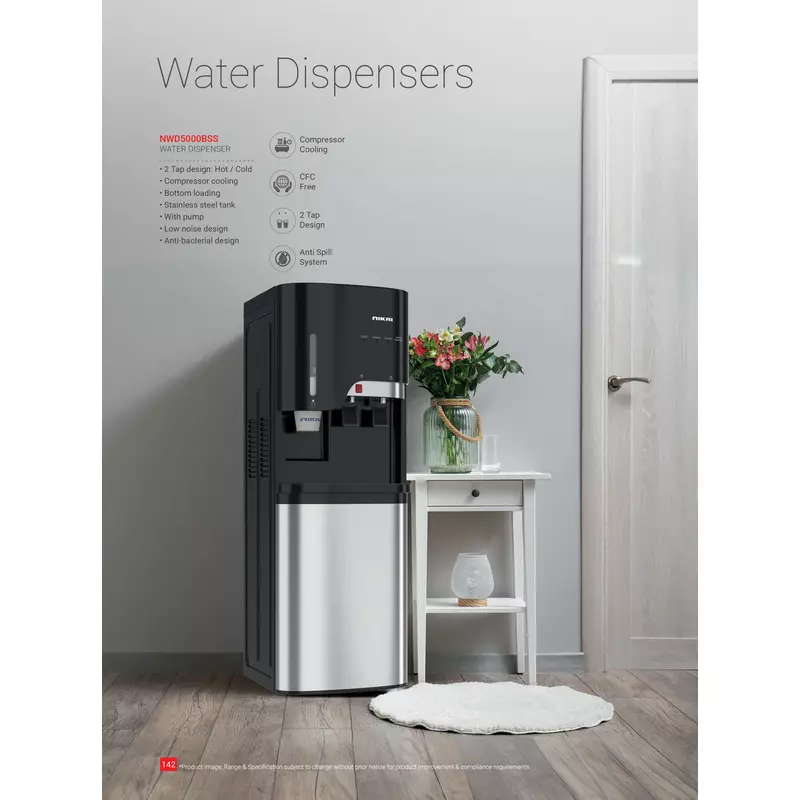 Nikai Water Dispenser 2 Taps Bottom Load with Cup Holder NWD5000BSS 2 Taps Hot And Cold Compressor Cooling Steel Tank Anti Bacterial Design - Image 7