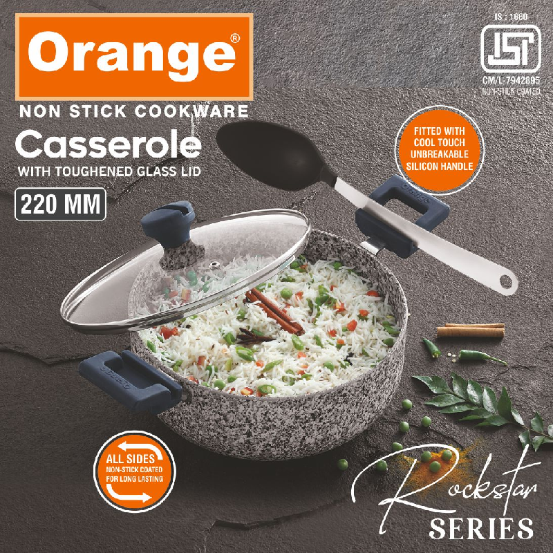 Orange Casserole Stone Finish Nonstick 22cm with Toughened Glass Lid ONSC402 - Image 2