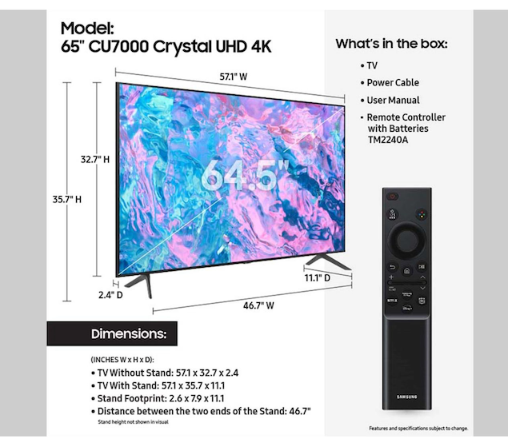 Samsung 65" Crystal UHD 4K Smart TV Class CU7000 Series with PurColor, Motion Xcelerator, UHD Upscaling, Q-Symphony, Game Hub 65CU7000