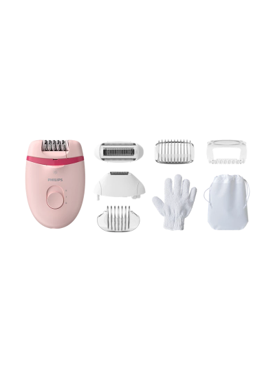Philips Satinelle Essential Corded Compact Epilator with 7 Accessories, Exfoliation Glove & Carry Pouch, Opti-Light for Legs, Arms & Underarms BRE285