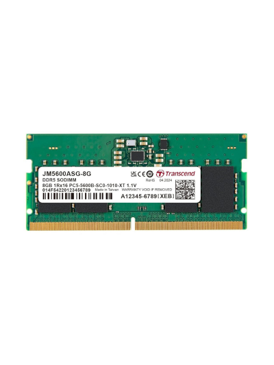 Transcend Laptop Memory Module - 8GB RAM DDR5 5600, SO-DIMM, 1Rx16 Configuration, 1Gx16, CL46, 1.1V, JM5600ASG-8G.