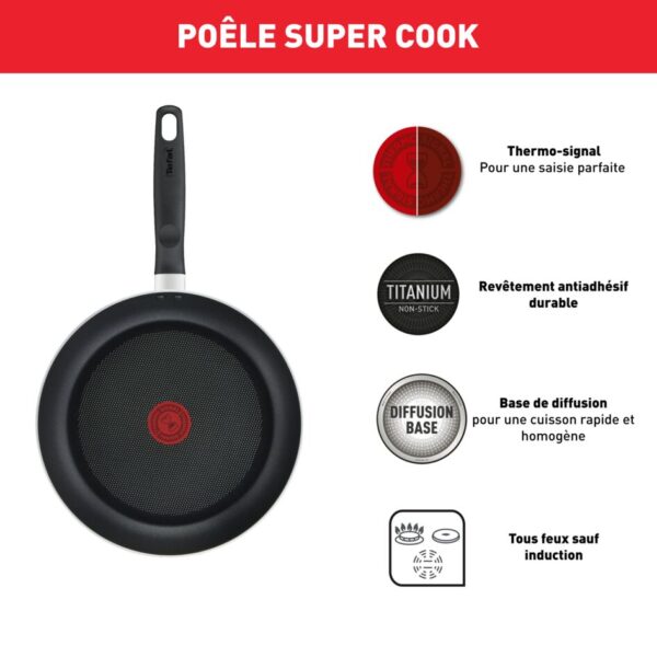 Tefal Super Cook Frypan 28cm Non Stick Thermo Signal 100% Safe Frying Pan Black Aluminium B4590684 - Image 2