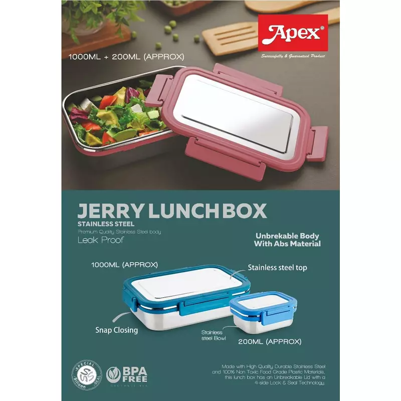 Apex Jerry Lunch Box 700ml and 200ml Steel Body Leak Proof Containers 2pc Set 450186 - Image 2