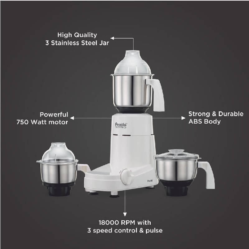 Preethi Chef Pro Mixer Grinder 750W with 2 Stainless Steel Jars, Overload Protector MG128/08 - Image 6