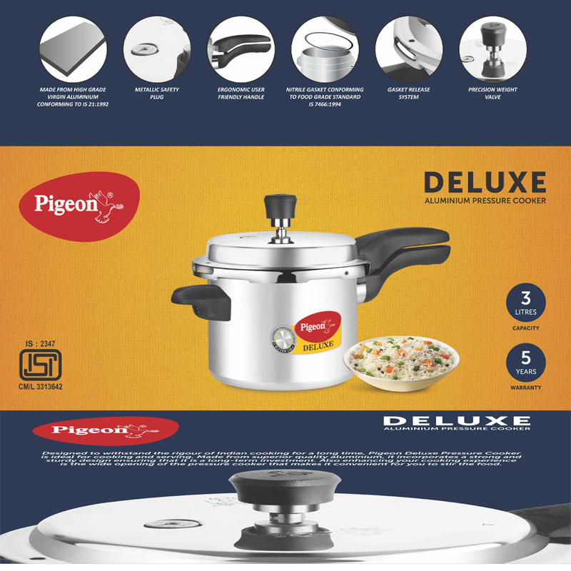 Pigeon Pressure Cooker 3L Deluxe Aluminium Outer Lid Gas Stove Compatible Ergonomically Designed Handle PP3 - Image 14
