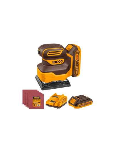 Ingco Cordless Sheet Sander 20V with Battery & Charger, 5pcs Sand Paper CSHSLI20141