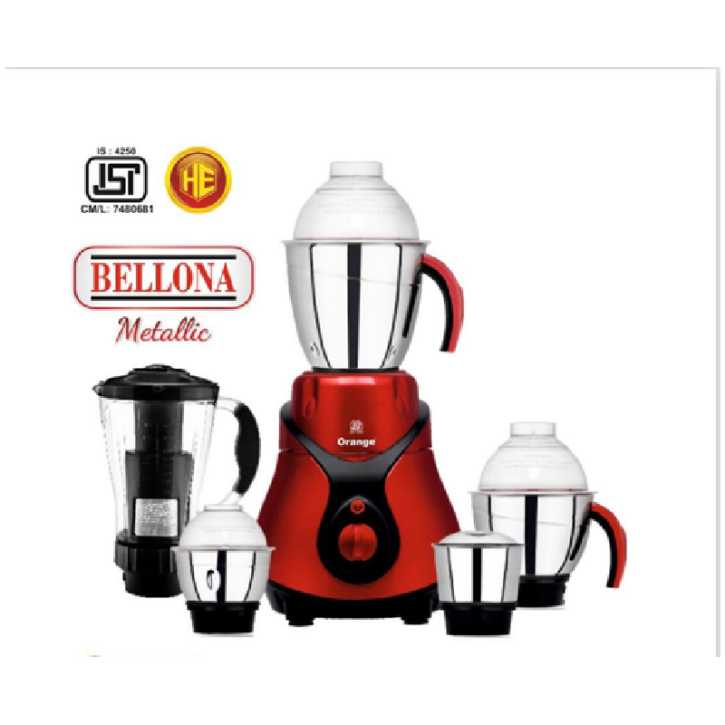 Orange Mixer Grinder 750W with 3pcs Stainless Steel Jars, 1 Polycarbonate Juice Jar BELLONA - Image 2
