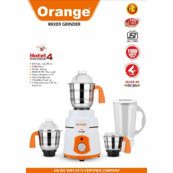 Orange Mixer Grinder 1100W with 3pcs Stainless Steel Jars, 1 Polycarbonate Juice Jar HOTEL MACHINE - Image 2