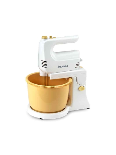 Decakila Hand Mixer 250W With 2.5L Bowl 5 Speed With Turbo White & Gold Steel Beaters & Hook KEMX020W